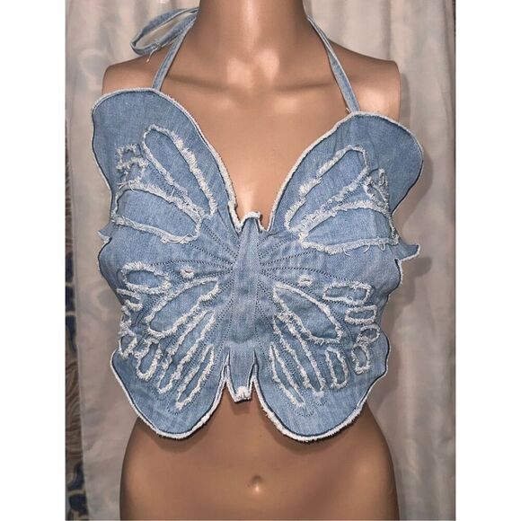 Beautiful Y2K Brittney Spears Denim Butterly Shirt Halter Top One size fits Crop - Picture 1 of 4